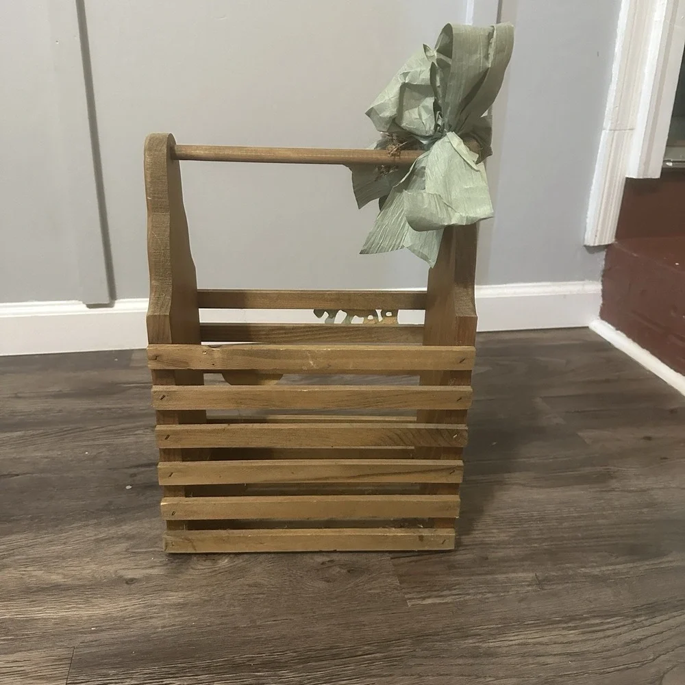 Wooden Bath Caddy Carrier With‎ Handle Hand Made Farmhouse/Country Bow & Letters